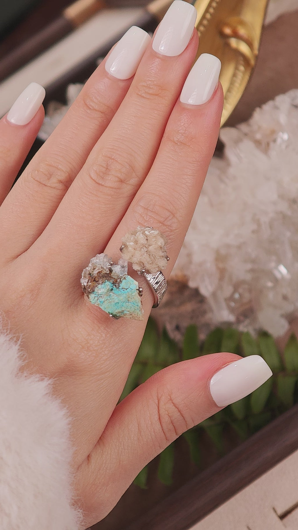 Raw Calcite&Garnet Adjustable Ring – Natural Mineral Stone Ring, Handmade One of a Kind Jewelry-057