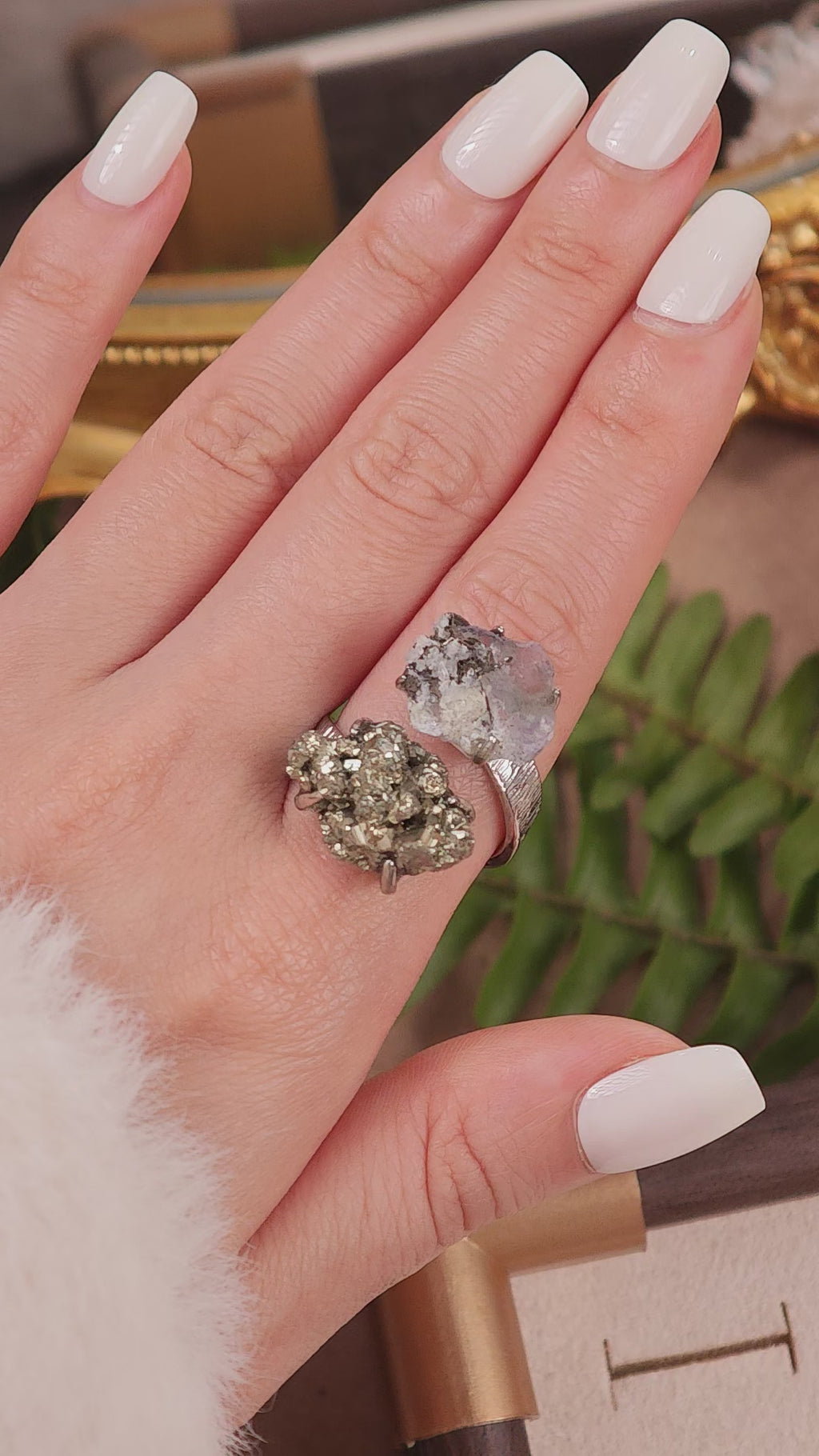 Raw Fluorite&Chalcopyrite Adjustable Ring – Natural Mineral Stone Ring, Handmade One of a Kind Jewelry-091