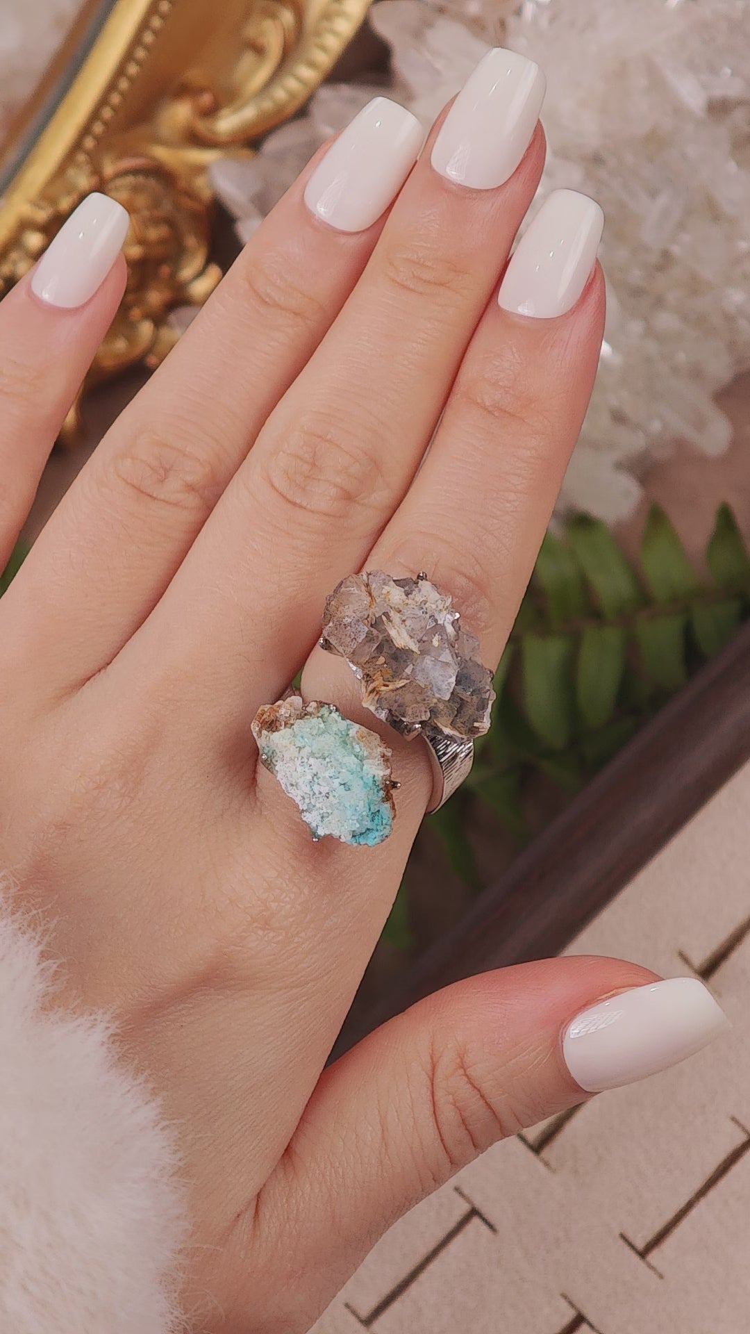 Raw Gibbsite&Barite Adjustable Ring – Natural Mineral Stone Ring, Handmade One of a Kind Jewelry-055