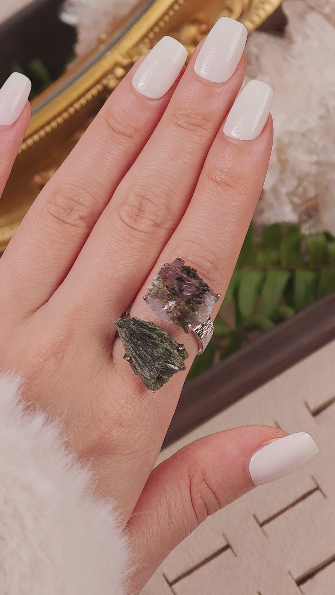 Raw Quartz&Green Tourmaline Adjustable Ring – Natural Mineral Stone Ring, Handmade One of a Kind Jewelry-068