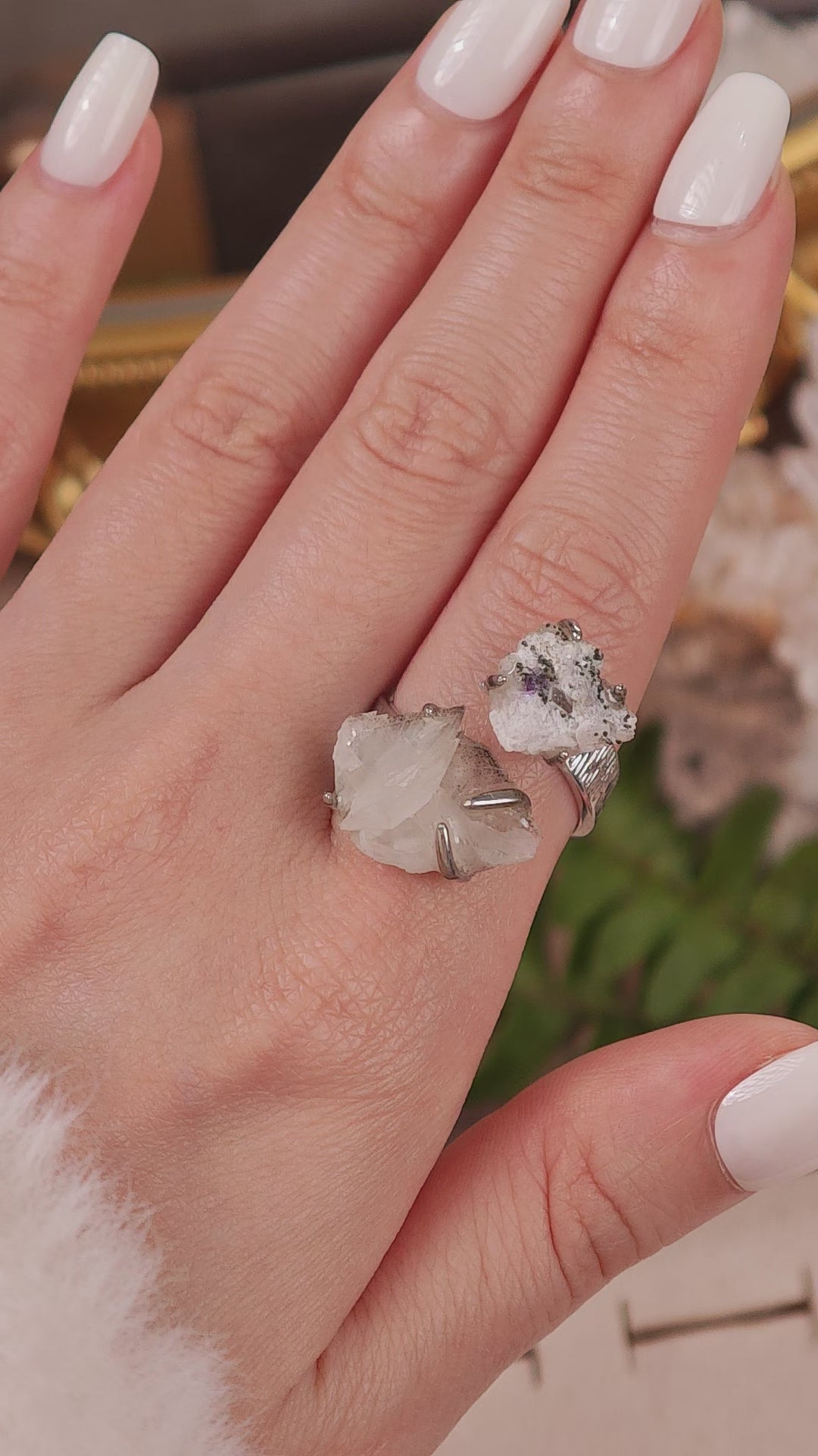 Raw Fluorite&Calcite Adjustable Ring – Natural Mineral Stone Ring, Handmade One of a Kind Jewelry-095